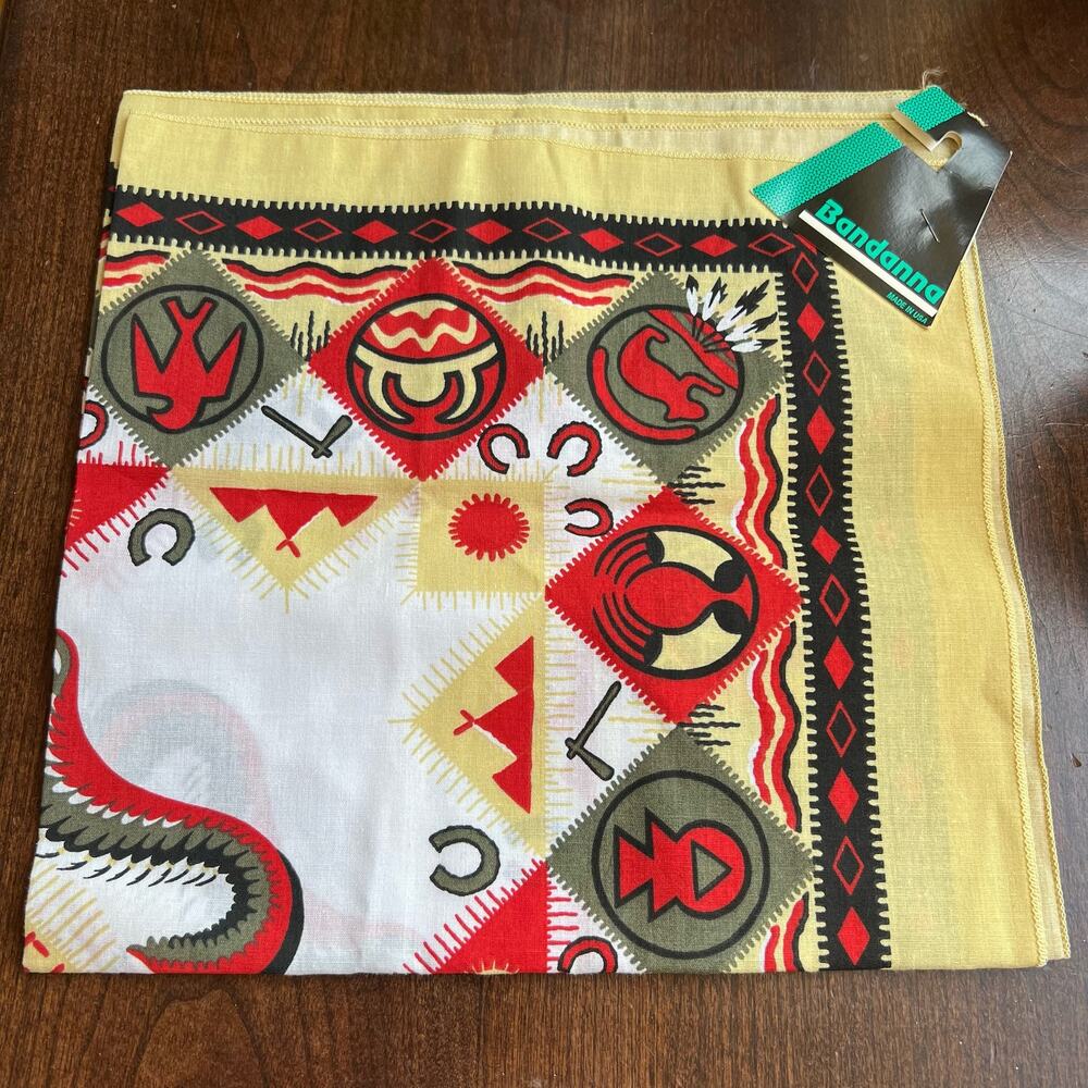 Southwest Native American Bandana Tribal Made in USA NOS Red Green Yellow 21"